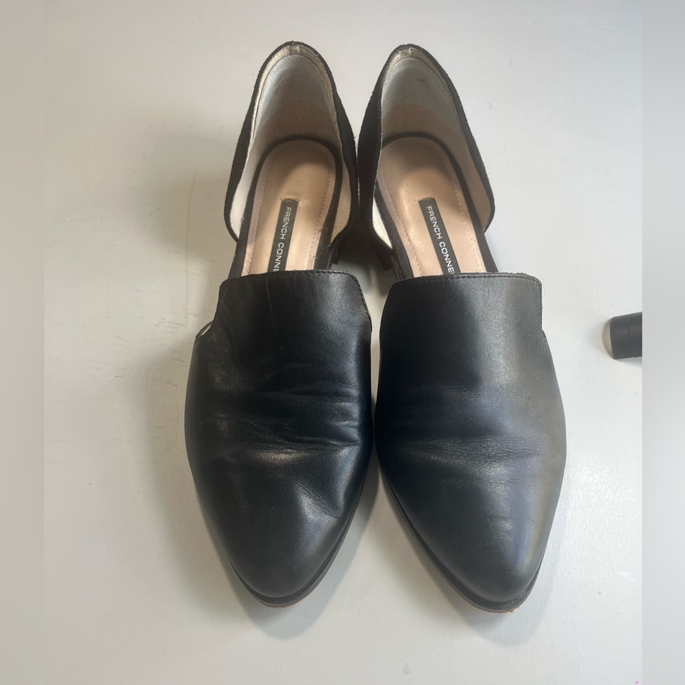 French Connection Black Pointed Leather D'Orsay Flats